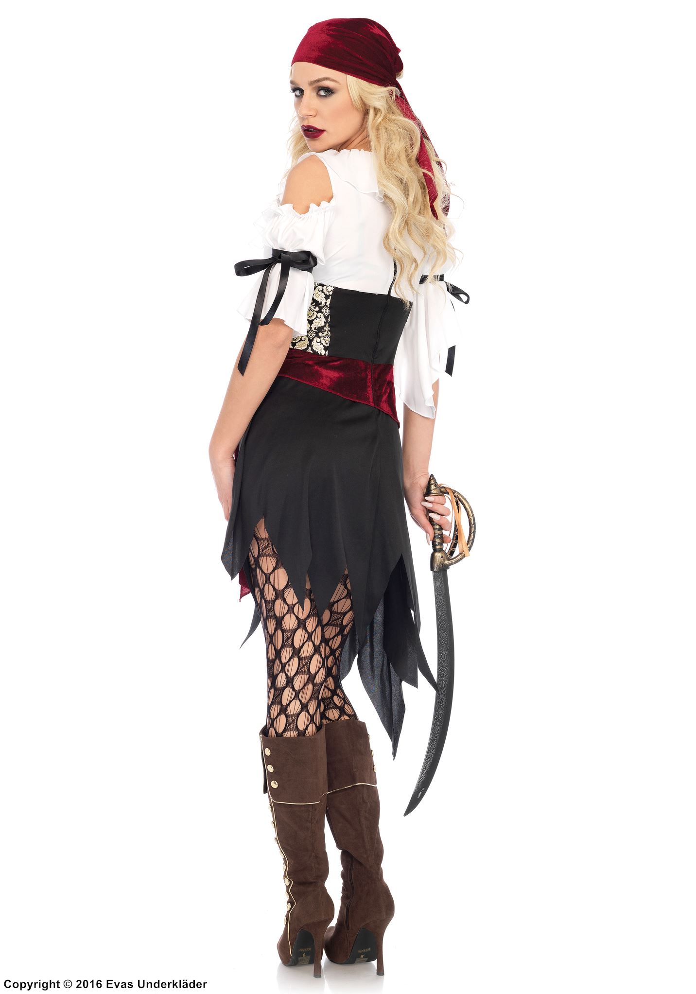 Kvinnlig pirat, maskeradklänning med cold shoulder, satinrosett, snörning och midjeband